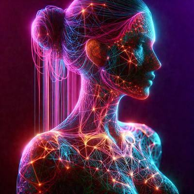 The primary subject of the image is a woman's face, which is depicted in a digital art style. The setting is a dark background, and the visual style is a combination of neon colors and a futuristic, artistic representation. The colors and mood of the image are predominantly purple and blue, creating a sense of mystery and intrigue.